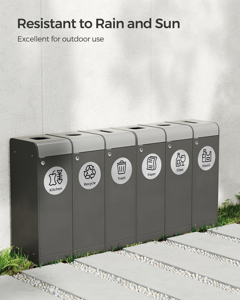 Recycling Bin Stickers – Adhesive – Silver – Set of 6 Labels for Recycle, Trash, Kitchen, Plastic, Glass, and Paper