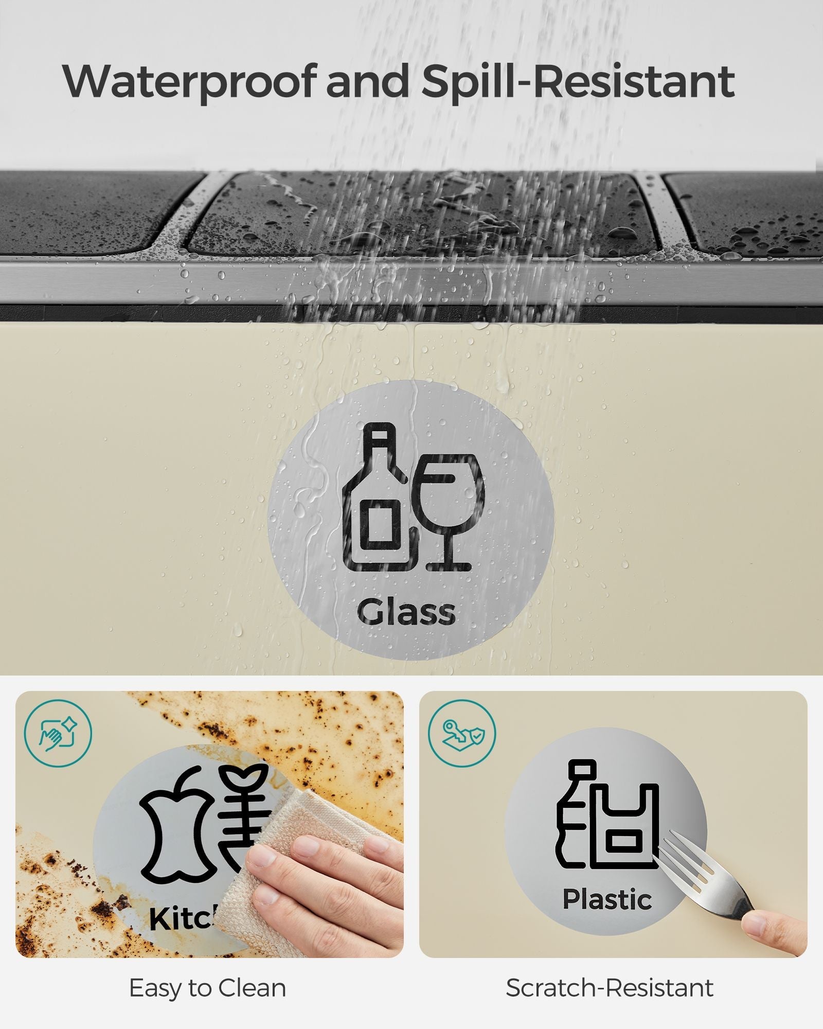 Recycling Bin Stickers – Adhesive – Silver – Set of 6 Labels for Recycle, Trash, Kitchen, Plastic, Glass, and Paper
