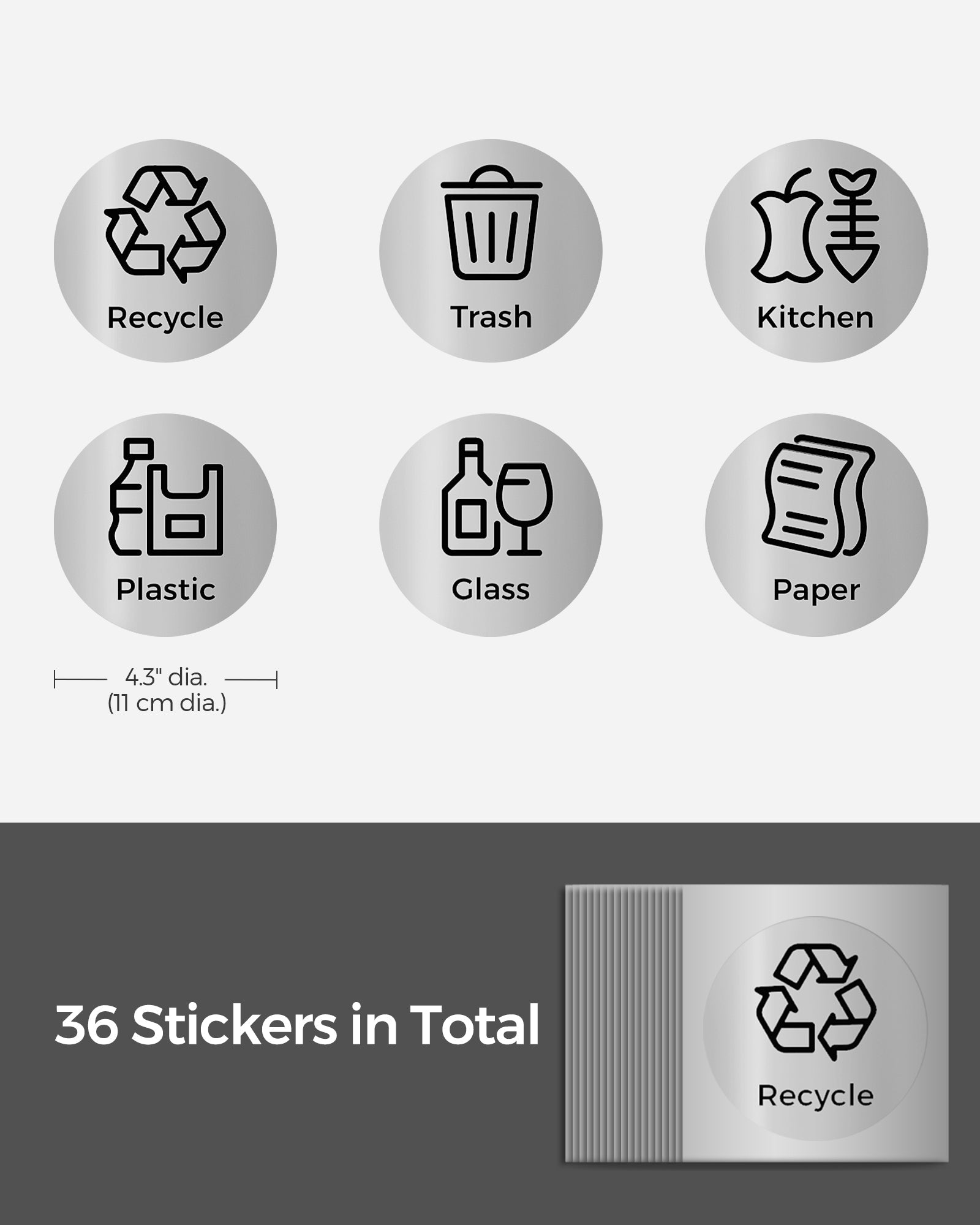 Recycling Bin Stickers – Adhesive – Silver – Set of 6 Labels for Recycle, Trash, Kitchen, Plastic, Glass, and Paper