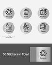 Recycling Bin Stickers – Adhesive – Silver – Set of 6 Labels for Recycle, Trash, Kitchen, Plastic, Glass, and Paper