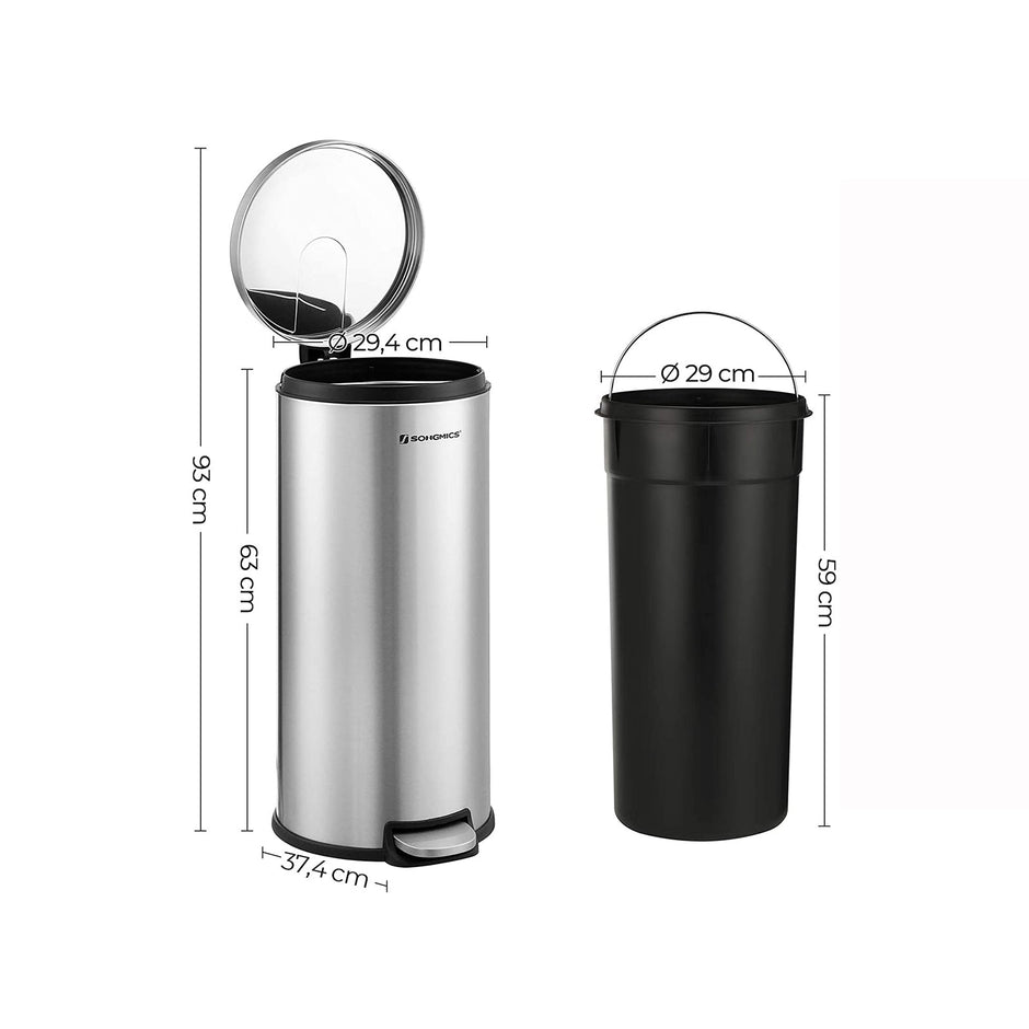 Step Trash Can – Stainless Steel – Silver – 30L Capacity, Soft Closure, Fingerprint Proof
