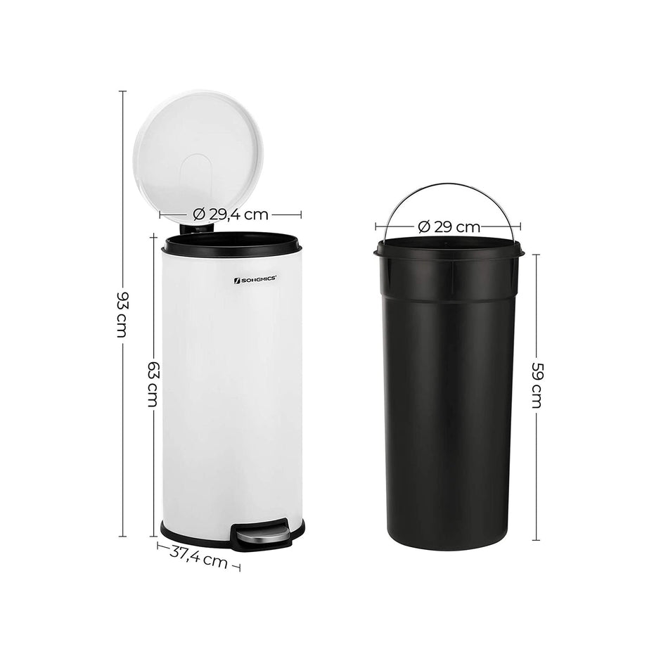 Pedal Trash Can – Metal – White – 30L Capacity, Soft Closure, Fingerprint Proof