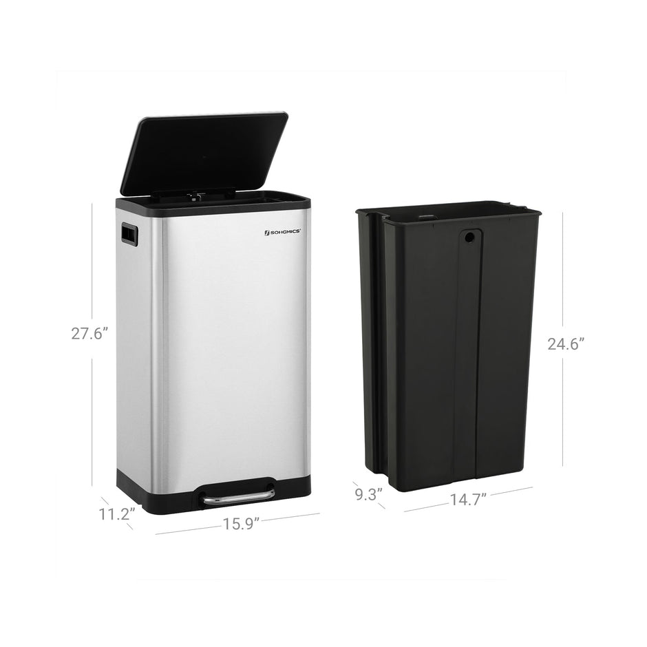 Pedal Trash Can – Stainless Steel – Silver – 45L Capacity, Soft Closure, Fingerprint Proof