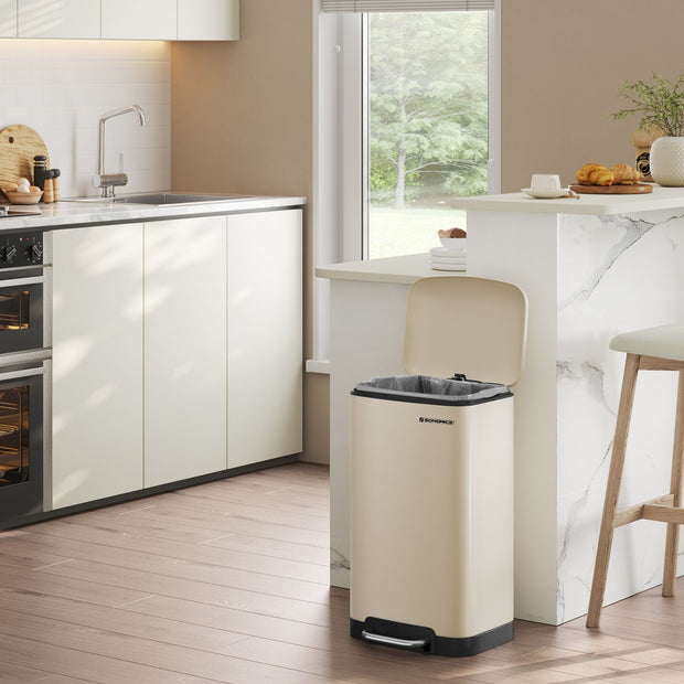 Step Trash Can – Stainless Steel – Cream White – 30L Capacity with Soft Close Lid