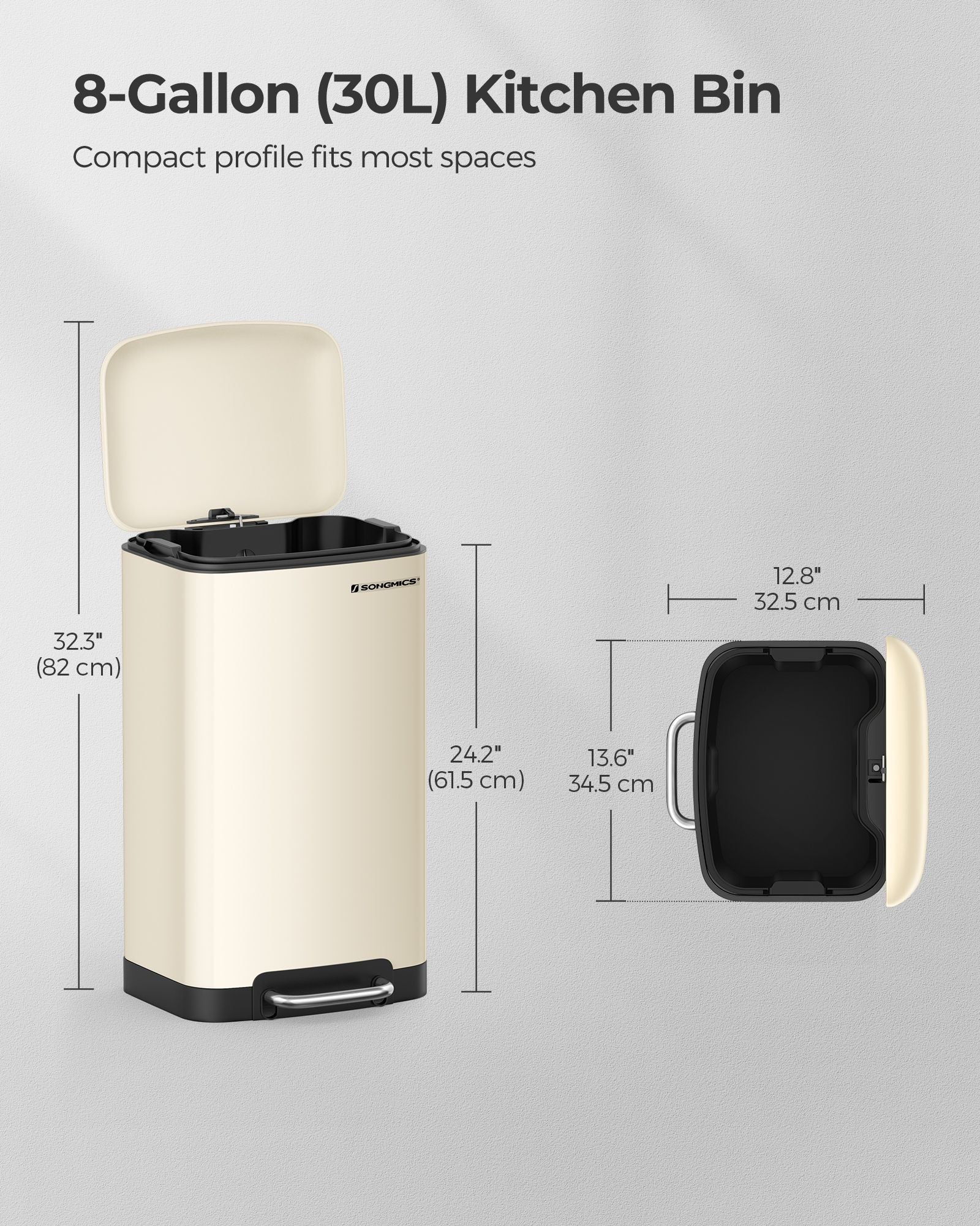 Step Trash Can – Stainless Steel – Cream White – 30L Capacity with Soft Close Lid