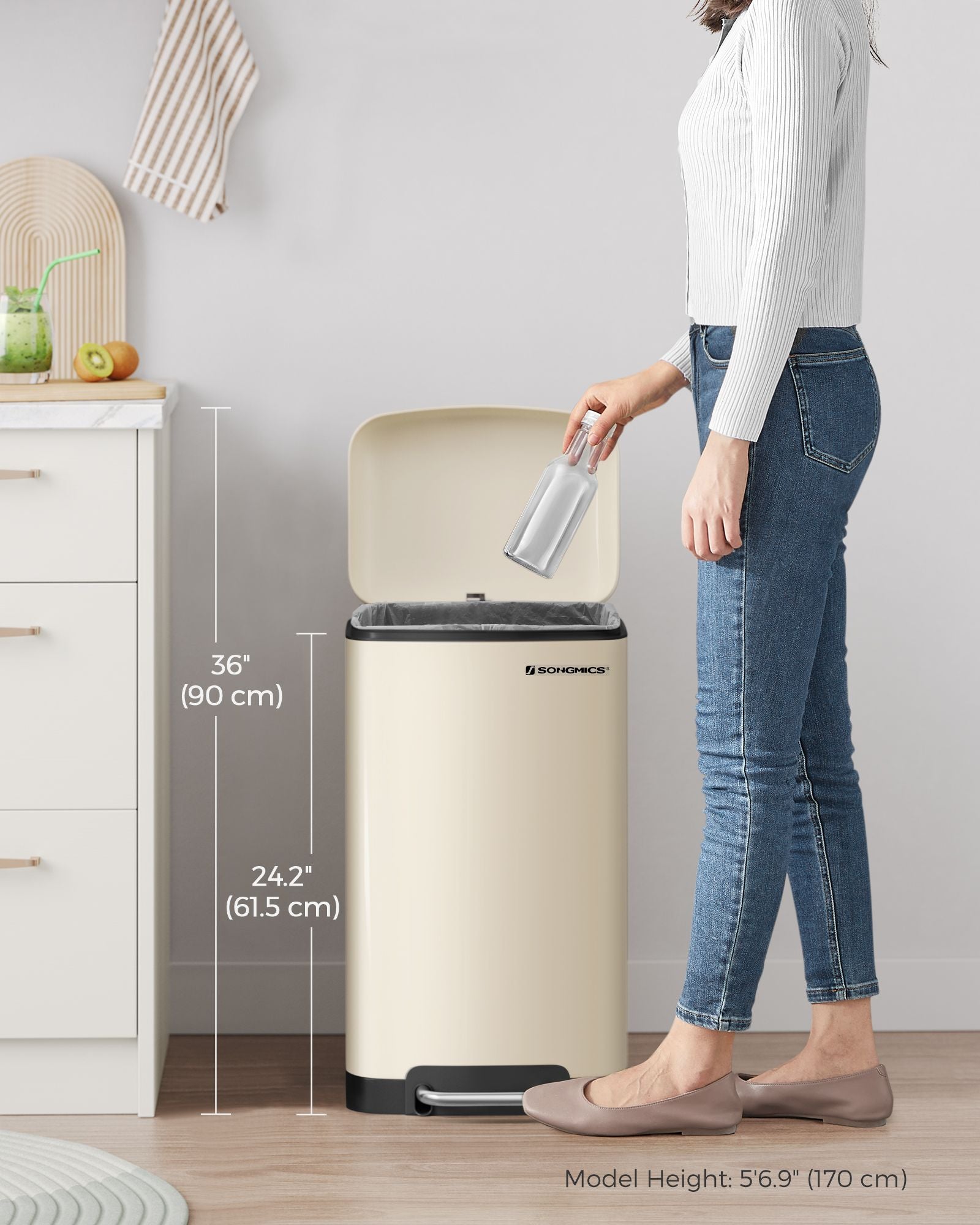 Step Trash Can – Stainless Steel – Cream White – 30L Capacity with Soft Close Lid