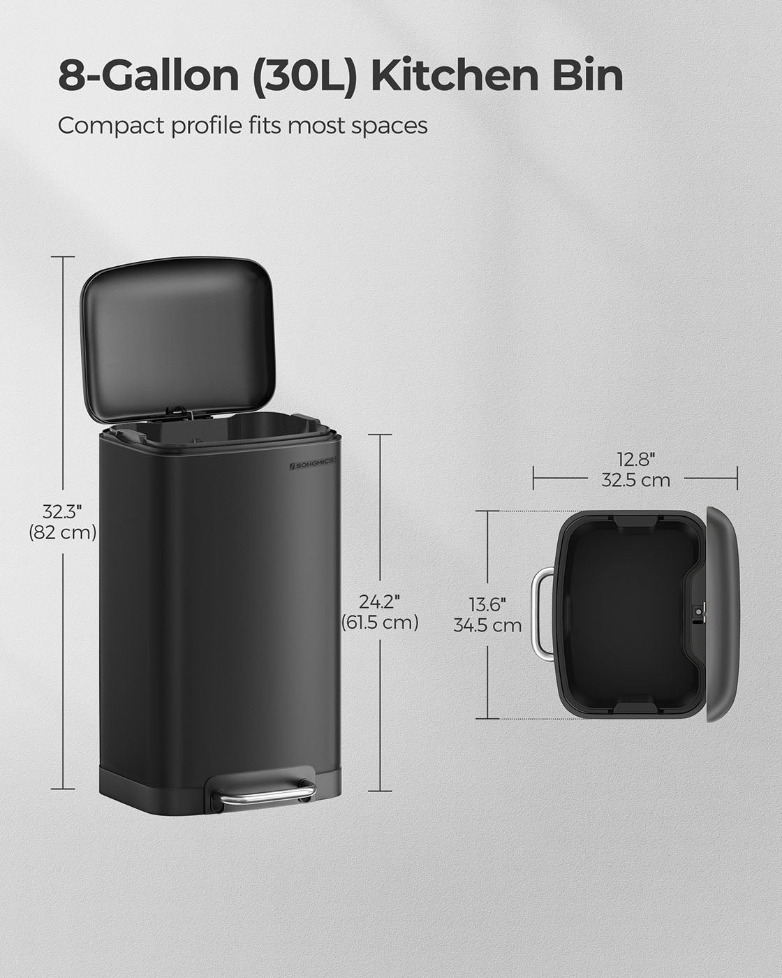 Step Trash Can – Stainless Steel – Black – Soft Close Lid with Inner Bucket