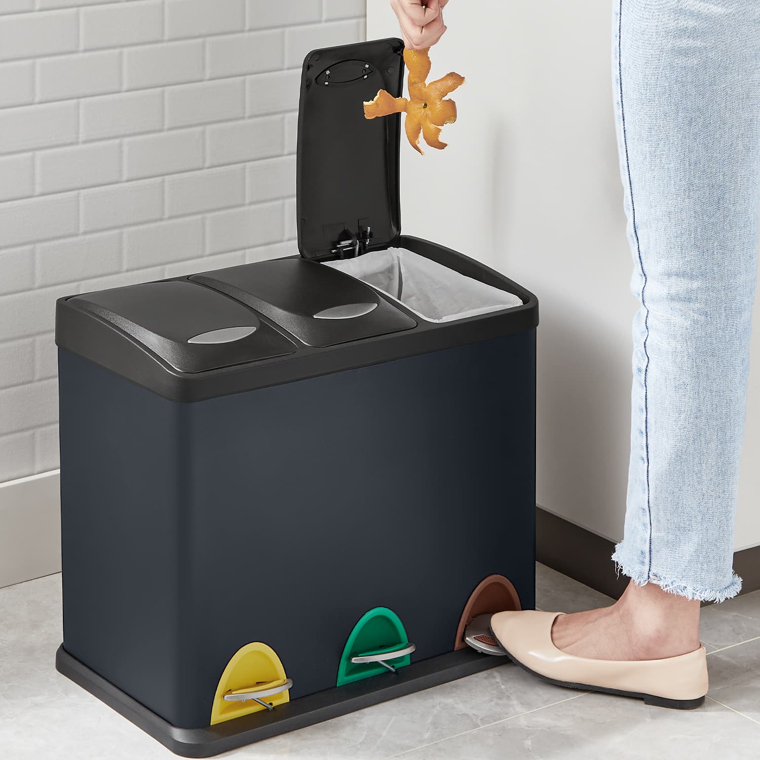 Metal Pedal Trash Bin – Silver – Set of 3 with Lids and Inner Buckets for Waste and Recycling