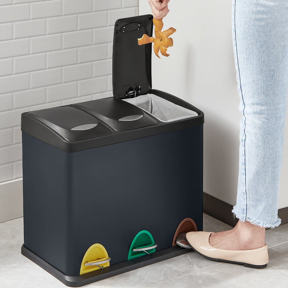 Metal Pedal Trash Bin – Silver – Set of 3 with Lids and Inner Buckets for Waste and Recycling