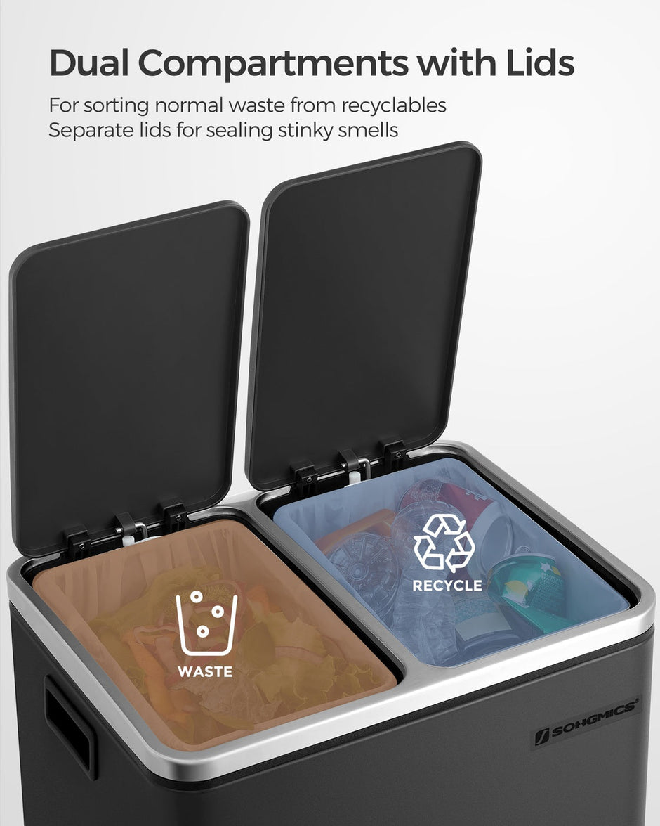Trash Can – Stainless Steel – Silver – 30 L Dual Compartment for Recycling