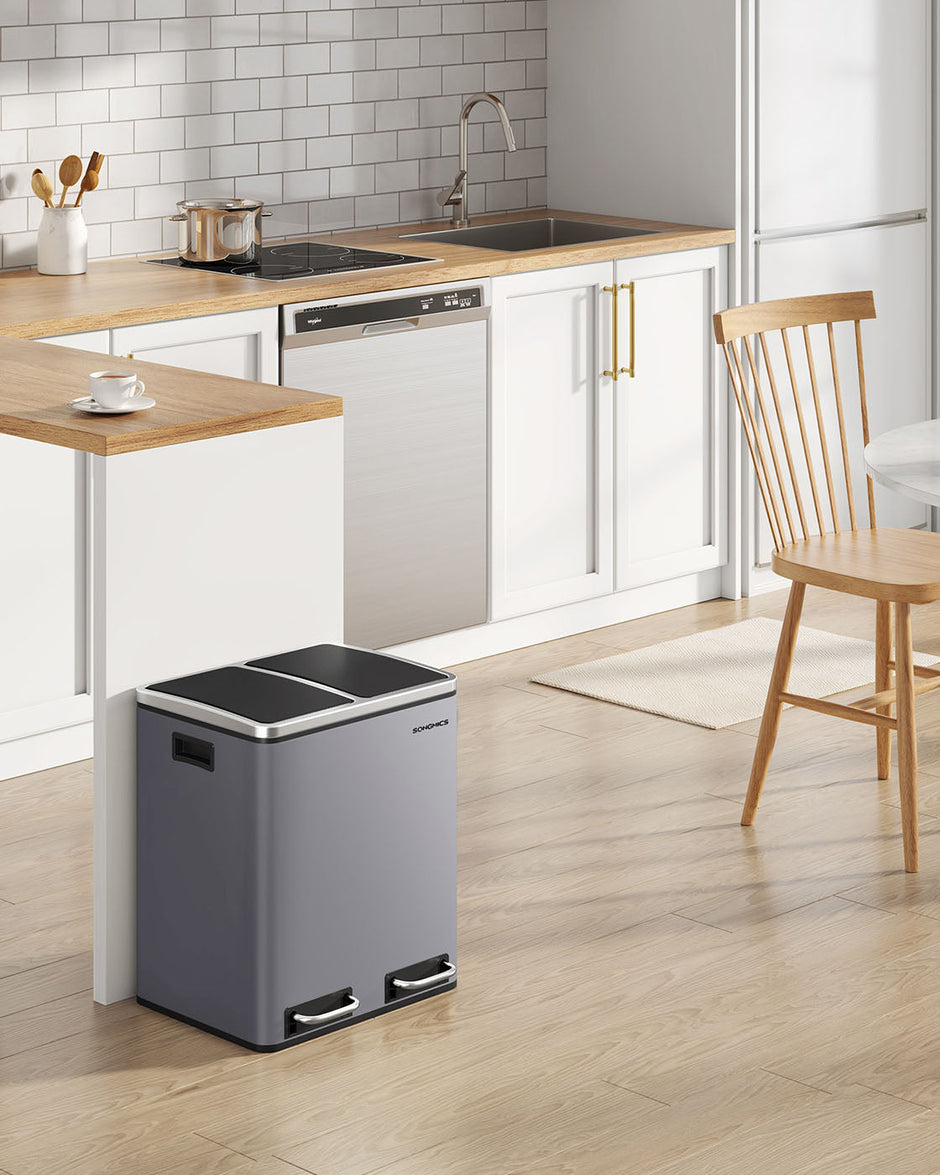 Double Kitchen Bin – Stainless Steel – Silver – Includes 15 Liners for Recycling and Waste