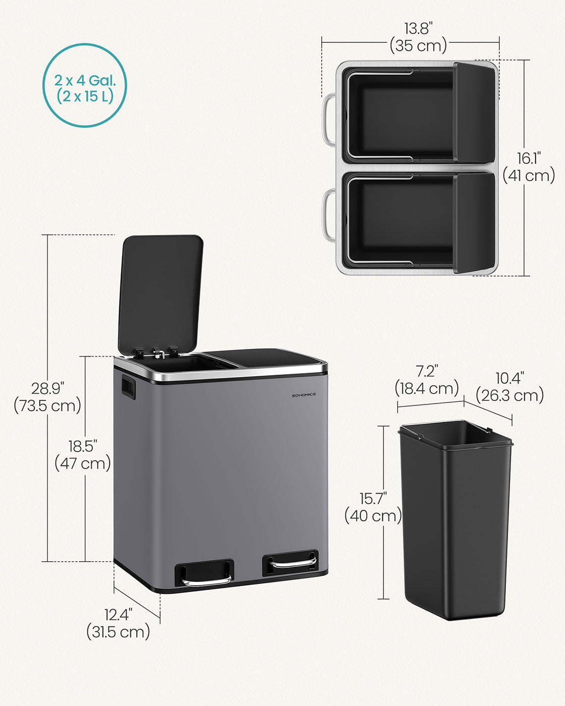 Double Kitchen Bin – Stainless Steel – Silver – Includes 15 Liners for Recycling and Waste