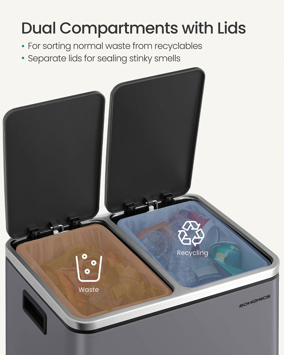 Double Kitchen Bin – Stainless Steel – Silver – Includes 15 Liners for Recycling and Waste