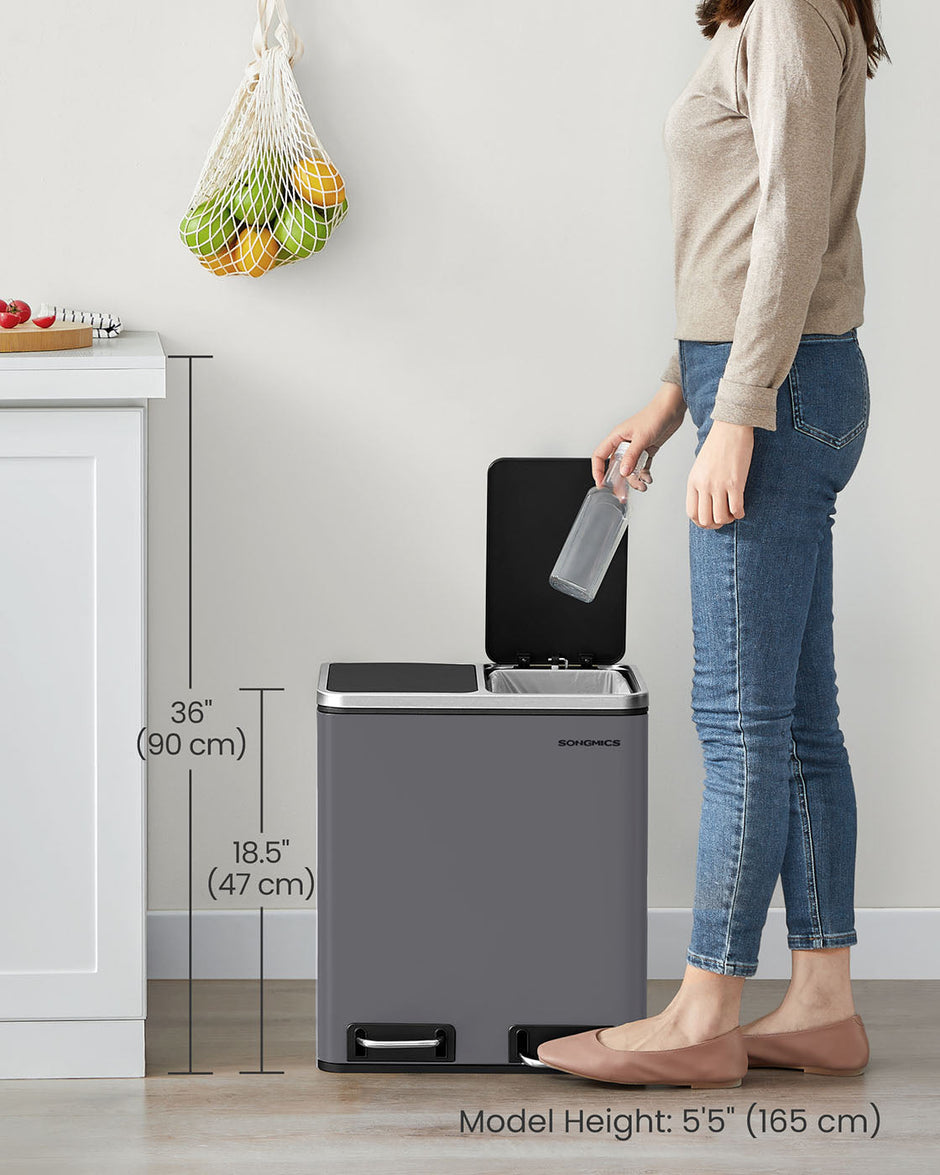 Double Kitchen Bin – Stainless Steel – Silver – Includes 15 Liners for Recycling and Waste