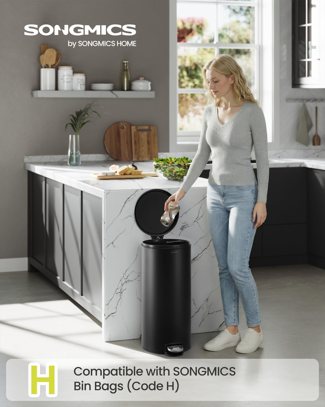 Kitchen Trash Can - 30L - Steel - Metal Pedal - Soft-Close Lid