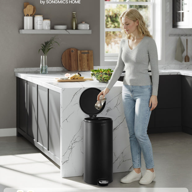 Kitchen Trash Can - 30L - Steel - Metal Pedal - Soft-Close Lid