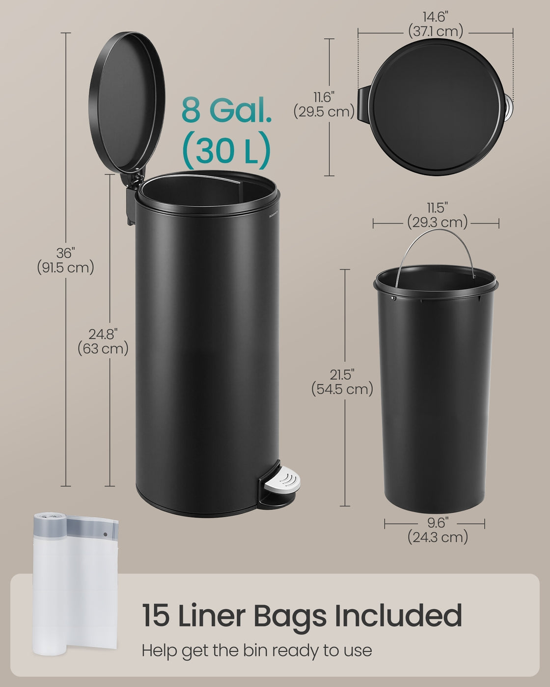 Kitchen Trash Can - 30L - Steel - Metal Pedal - Soft-Close Lid
