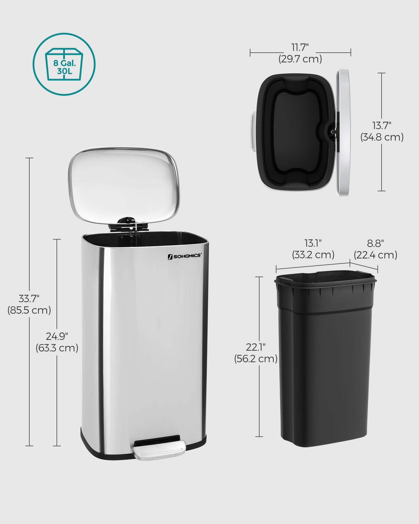 Pedal Trash Bin – Stainless Steel – Silver – 30 Litre, Soft Close, Odour Proof, Hygienic