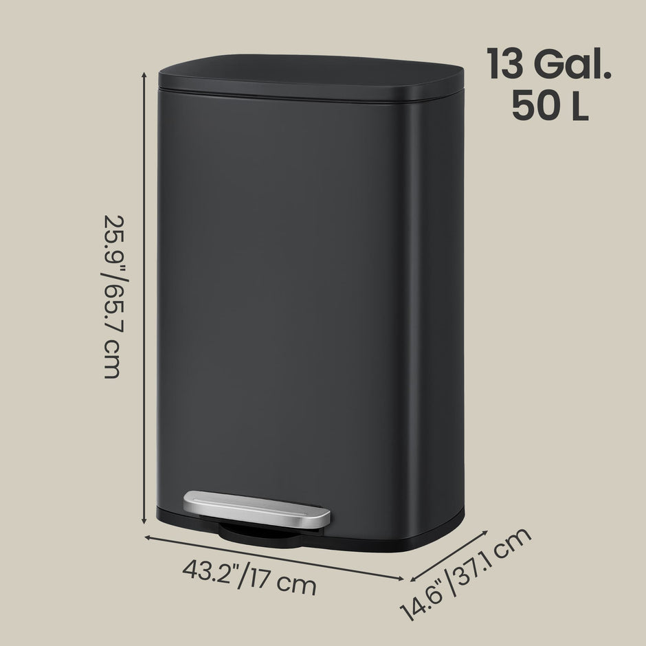 Steel Trash Bin – Stainless Steel – Black – 50L with Soft Close and Removable Inner Bucket