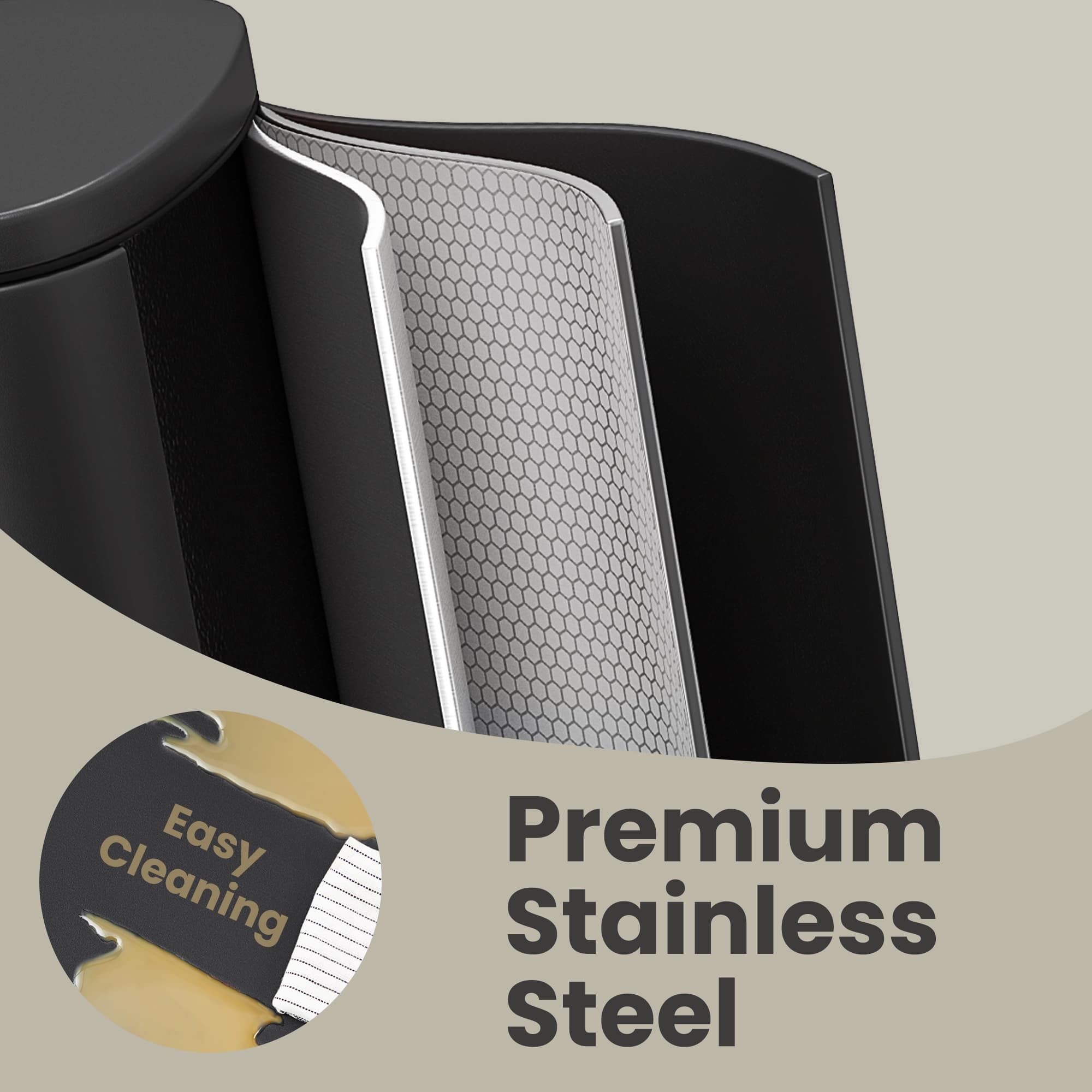Steel Trash Bin – Stainless Steel – Black – 50L with Soft Close and Removable Inner Bucket
