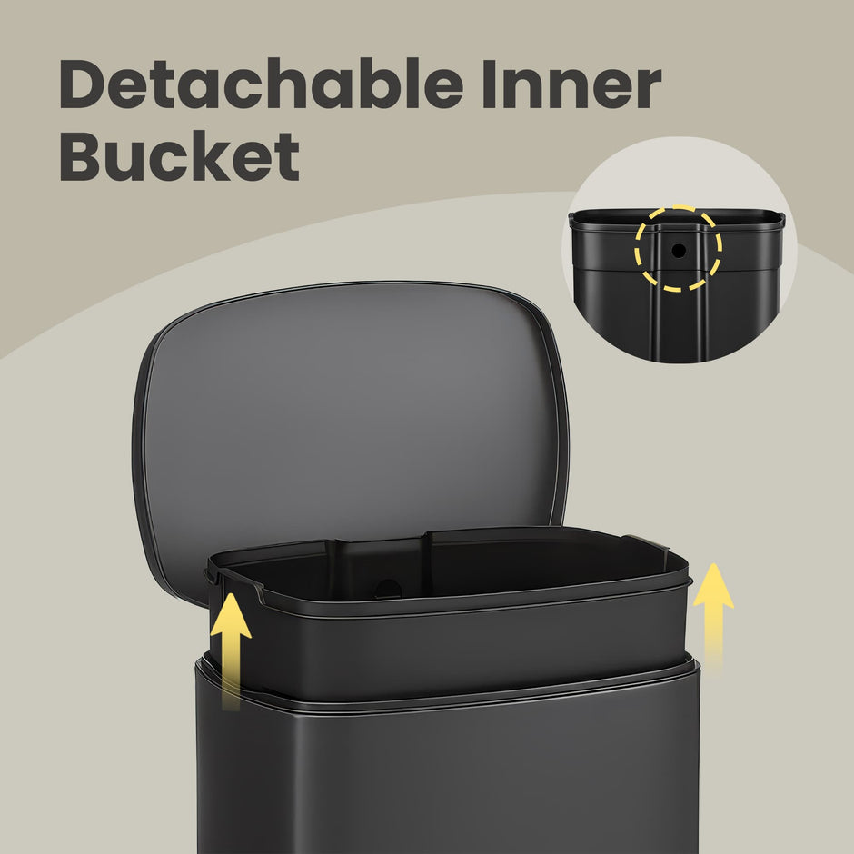 Steel Trash Bin – Stainless Steel – Black – 50L with Soft Close and Removable Inner Bucket