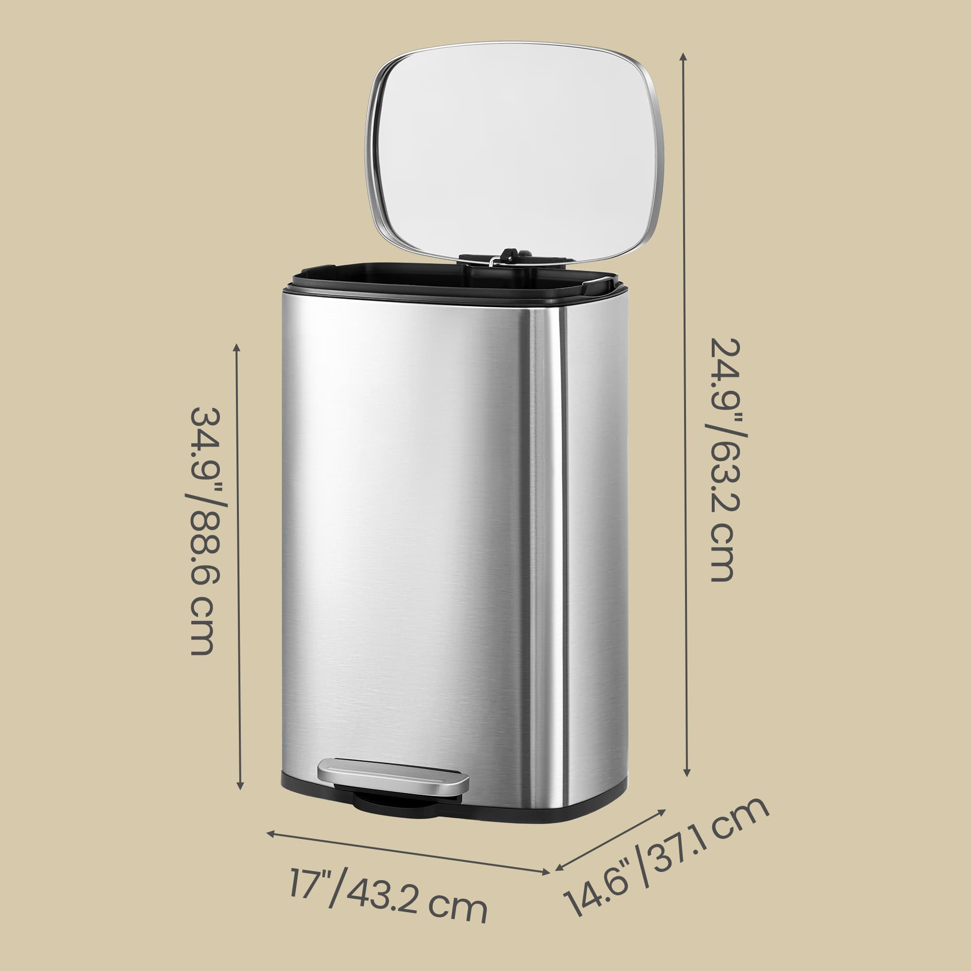 Steel Trash Bin – Stainless Steel – Black – 50L with Soft Close and Removable Inner Bucket