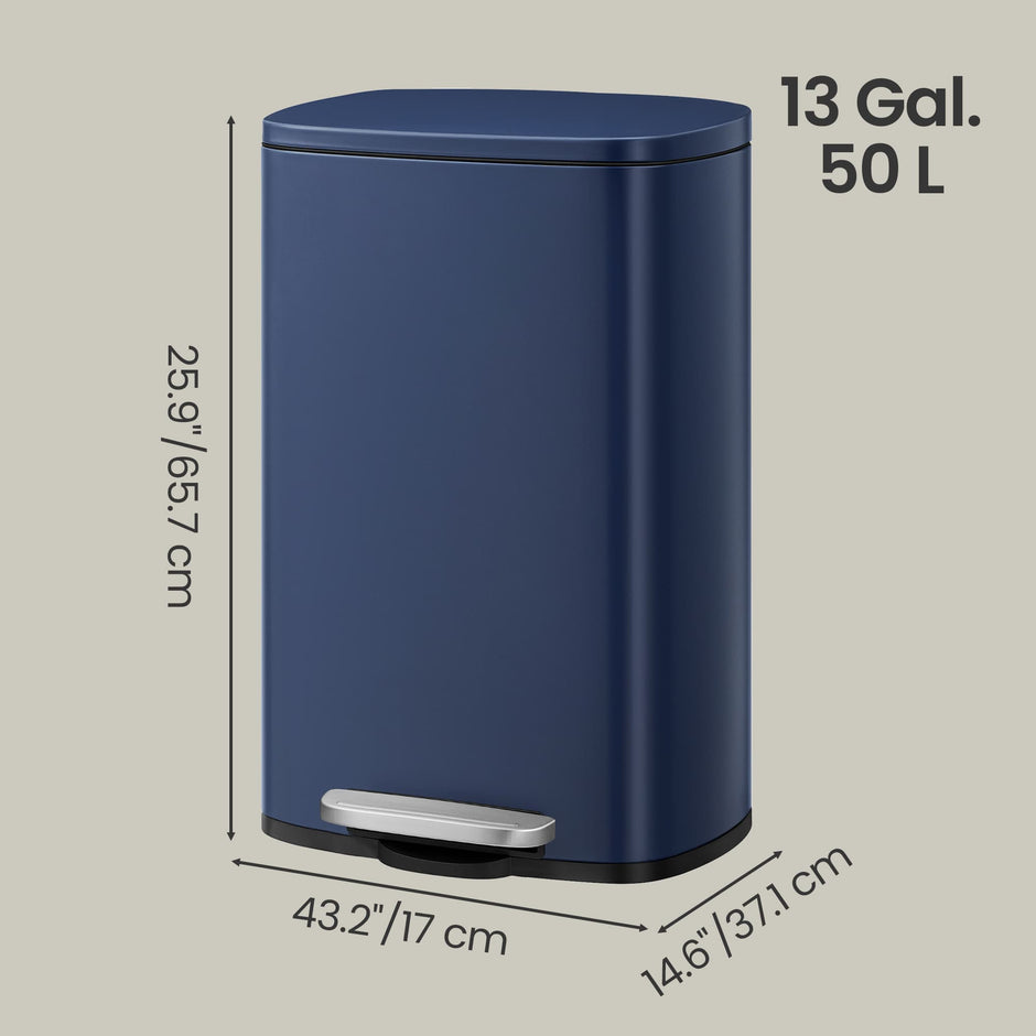 Steel Trash Bin – Stainless Steel – Blue – 50L Capacity with Soft Close and Removable Inner Bucket