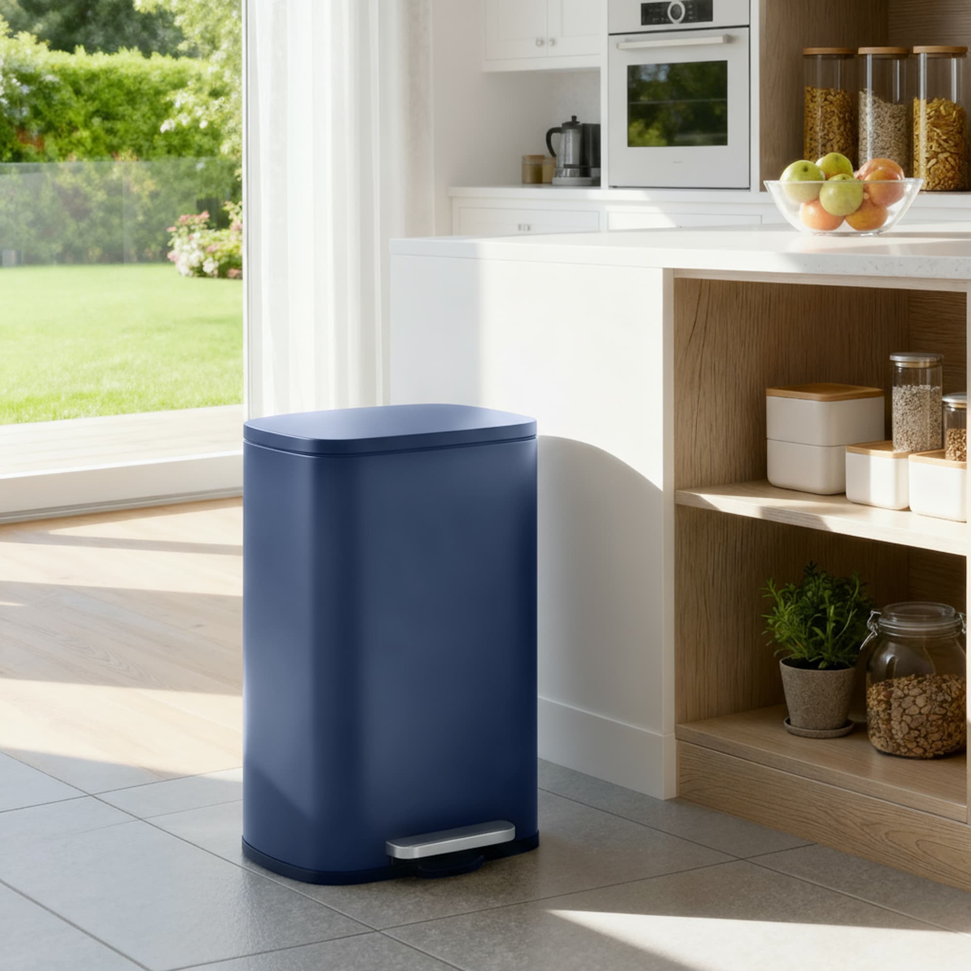 Steel Trash Bin – Stainless Steel – Blue – 50L Capacity with Soft Close and Removable Inner Bucket