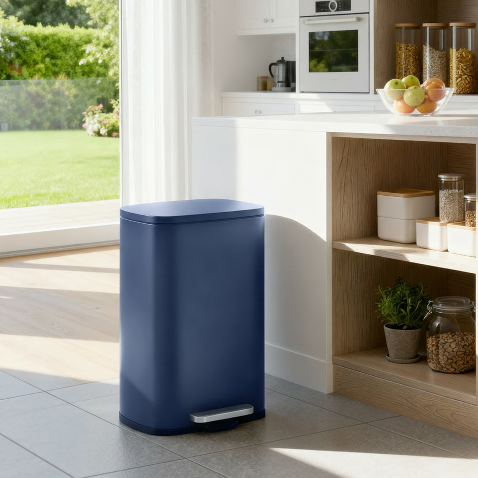 Steel Trash Bin – Stainless Steel – Blue – 50L Capacity with Soft Close and Removable Inner Bucket