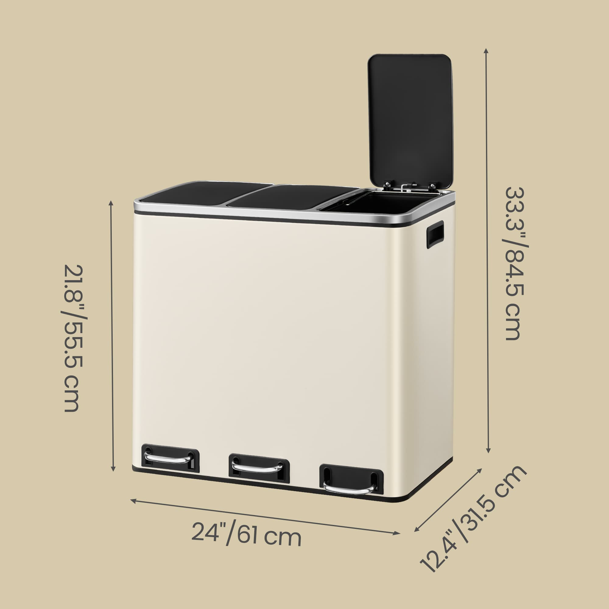 Triple Pedal Bin – Stainless Steel – Beige – 54 L with Soft-Close Lids and Compartments