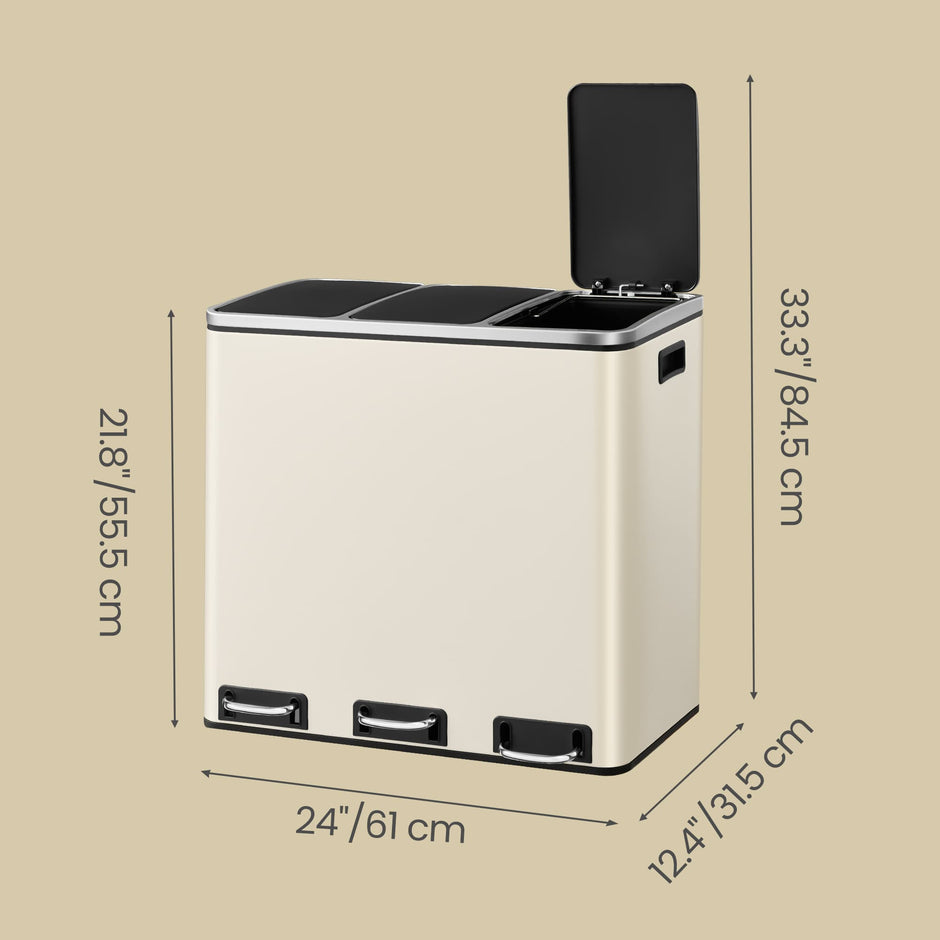 Triple Pedal Bin – Stainless Steel – Beige – 54 L with Soft-Close Lids and Compartments