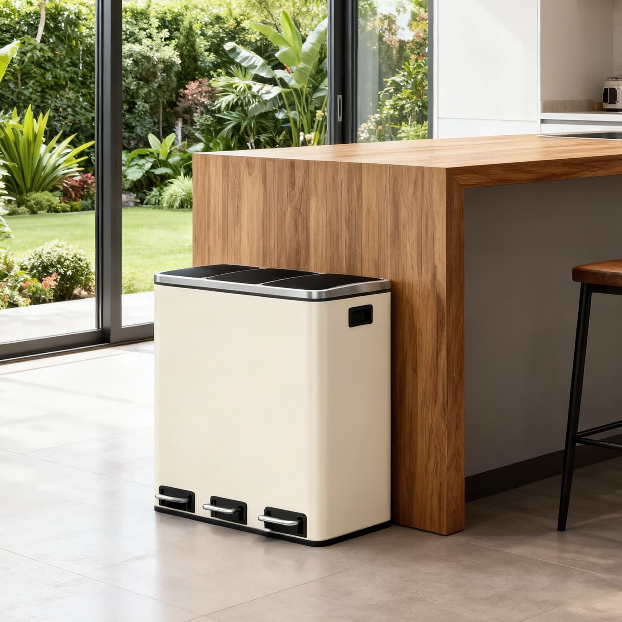 Triple Pedal Bin – Stainless Steel – Beige – 54 L with Soft-Close Lids and Compartments