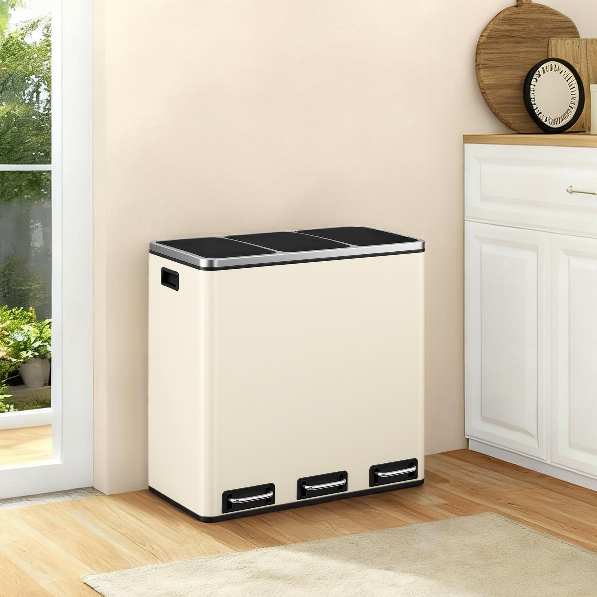 Triple Pedal Bin – Stainless Steel – Beige – 54 L with Soft-Close Lids and Compartments