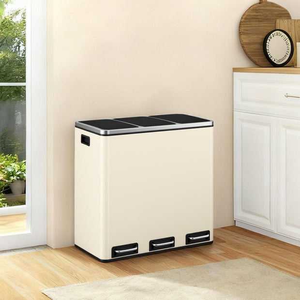 Triple Pedal Bin – Stainless Steel – Beige – 54 L with Soft-Close Lids and Compartments