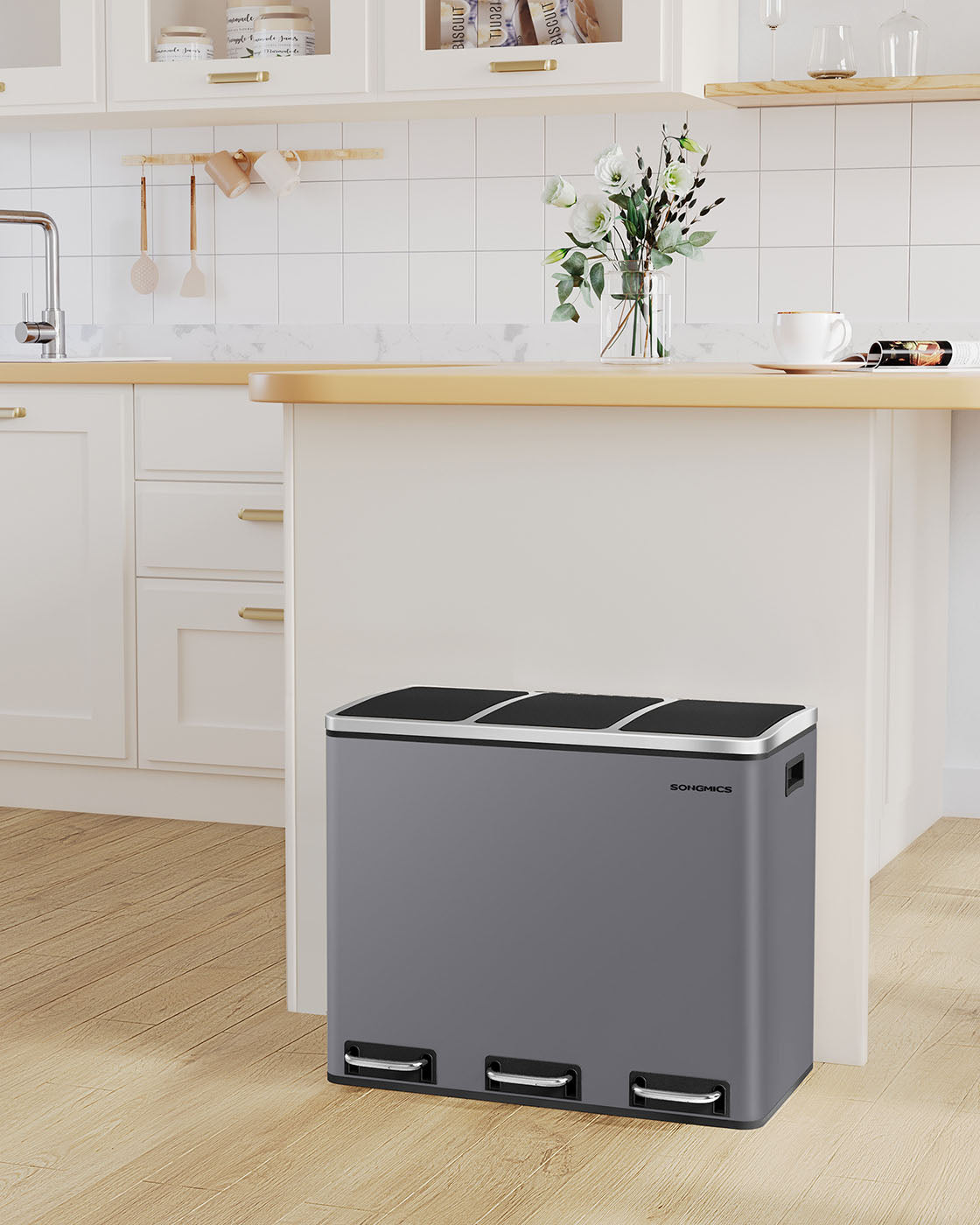 Rubbish Bin – Stainless Steel – Matte Grey – Trio Design with Soft-Closing Lids and 15 Liners Included