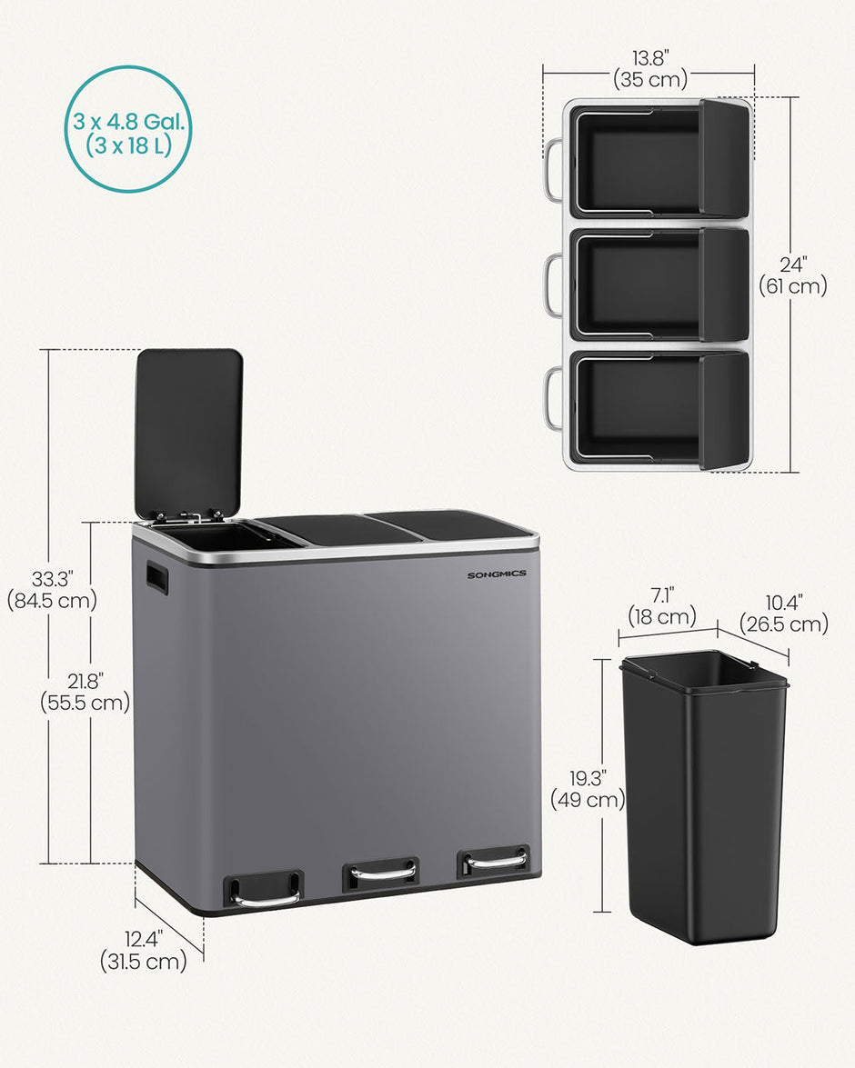 Rubbish Bin – Stainless Steel – Matte Grey – Trio Design with Soft-Closing Lids and 15 Liners Included