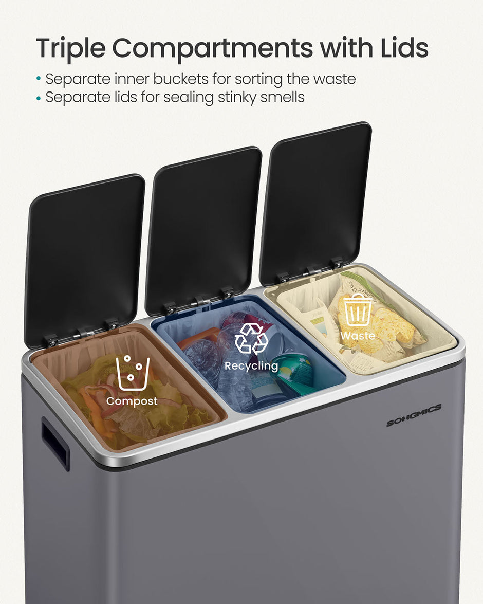 Rubbish Bin – Stainless Steel – Matte Grey – Trio Design with Soft-Closing Lids and 15 Liners Included