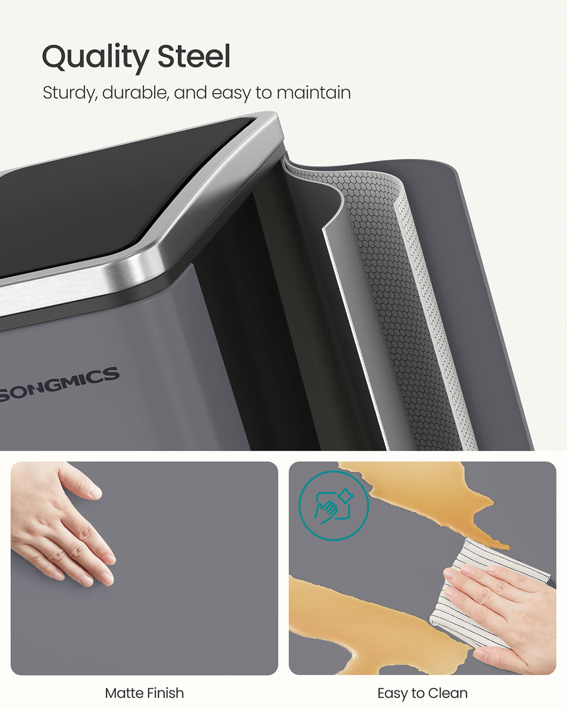 Rubbish Bin – Stainless Steel – Matte Grey – Trio Design with Soft-Closing Lids and 15 Liners Included