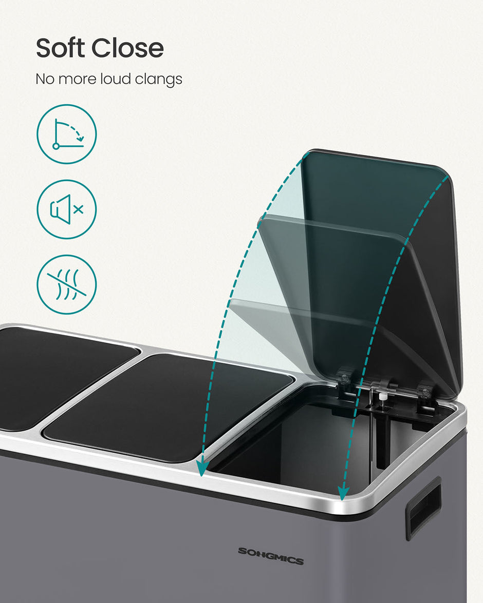 Rubbish Bin – Stainless Steel – Matte Grey – Trio Design with Soft-Closing Lids and 15 Liners Included
