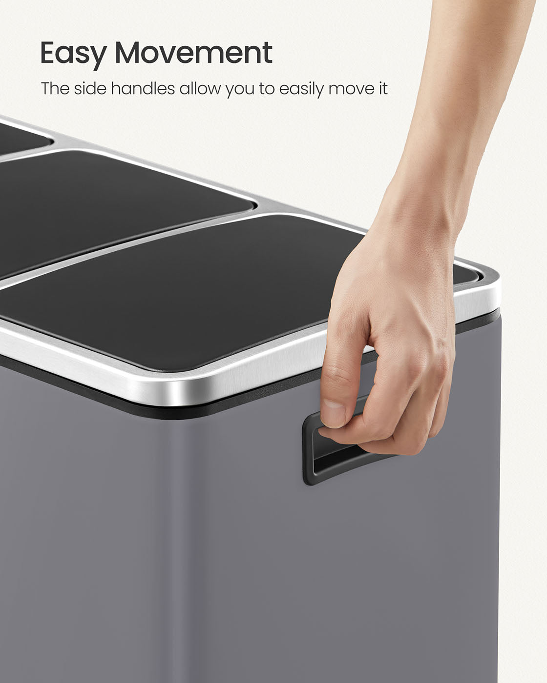 Rubbish Bin – Stainless Steel – Matte Grey – Trio Design with Soft-Closing Lids and 15 Liners Included