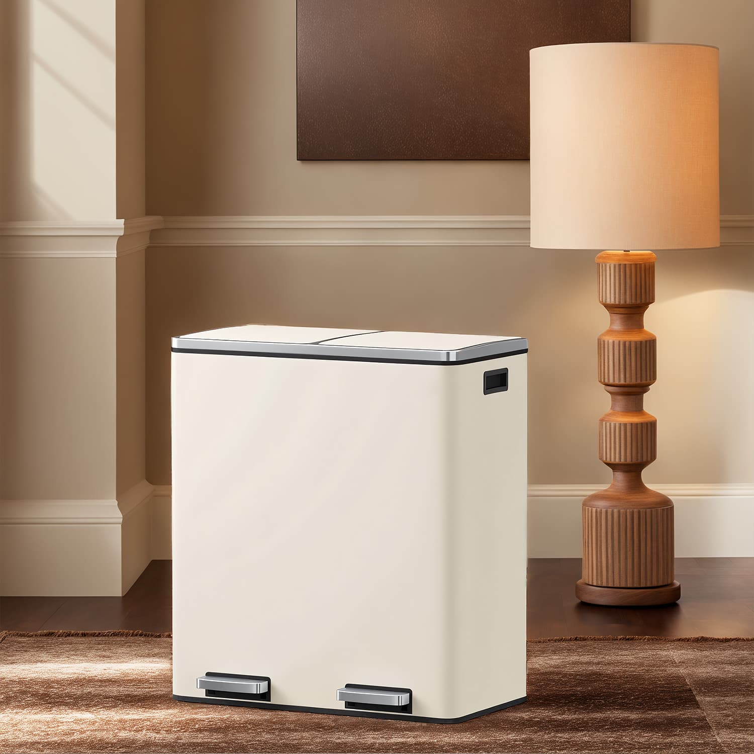 Recycling Bin – Plastic – Cream – 60L 2-Compartment with Soft-Close Lids