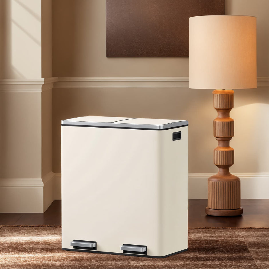 Recycling Bin – Plastic – Cream – 60L 2-Compartment with Soft-Close Lids