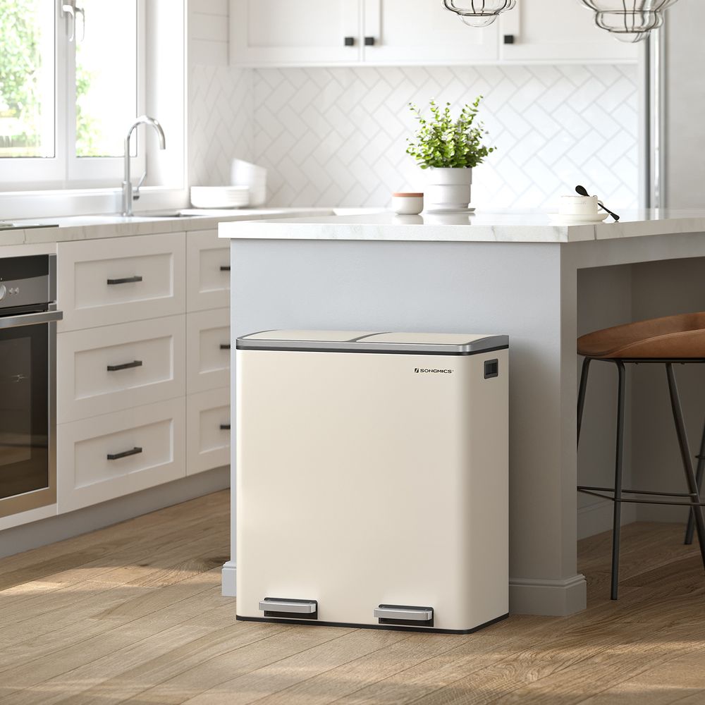 Step-Open Waste Bin – Metal – Cream – Dual Compartment with Soft Closure