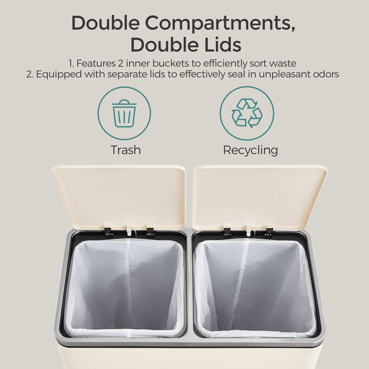 Recycling Bin – Plastic – Cream – 60L 2-Compartment with Soft-Close Lids