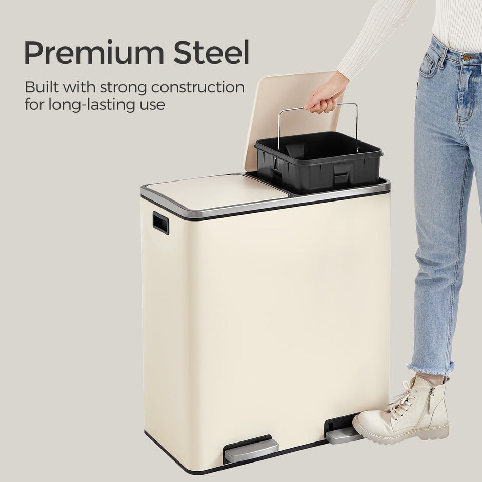 Recycling Bin – Plastic – Cream – 60L 2-Compartment with Soft-Close Lids