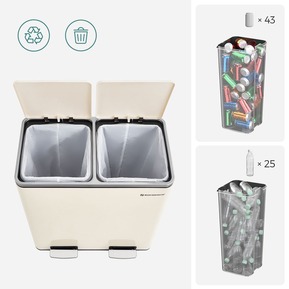 Step-Open Waste Bin – Metal – Cream – Dual Compartment with Soft Closure