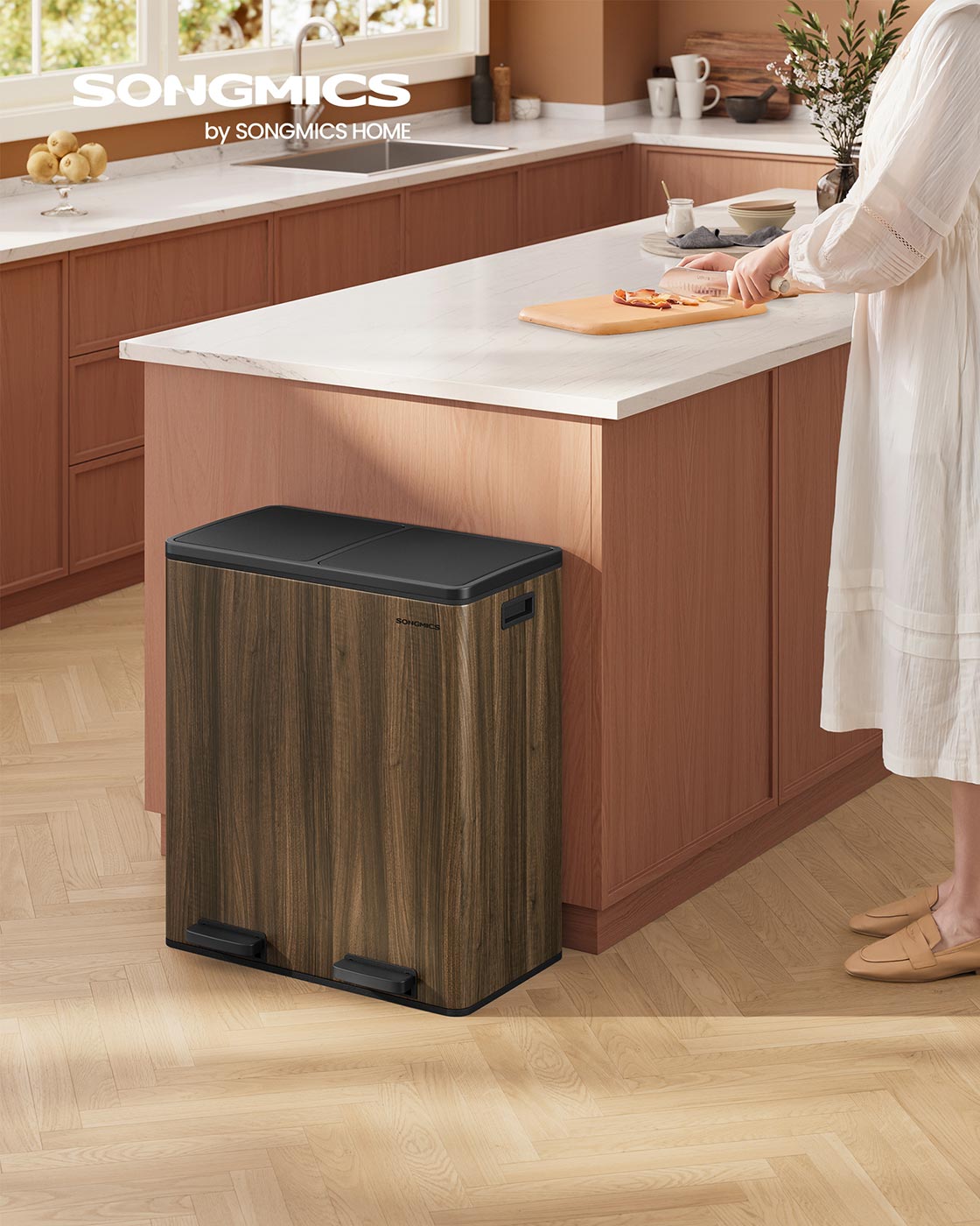 Dual Compartment Rubbish Bin – Stainless Steel & Plastic – Dark Walnut – 60L Capacity with Carry Handles