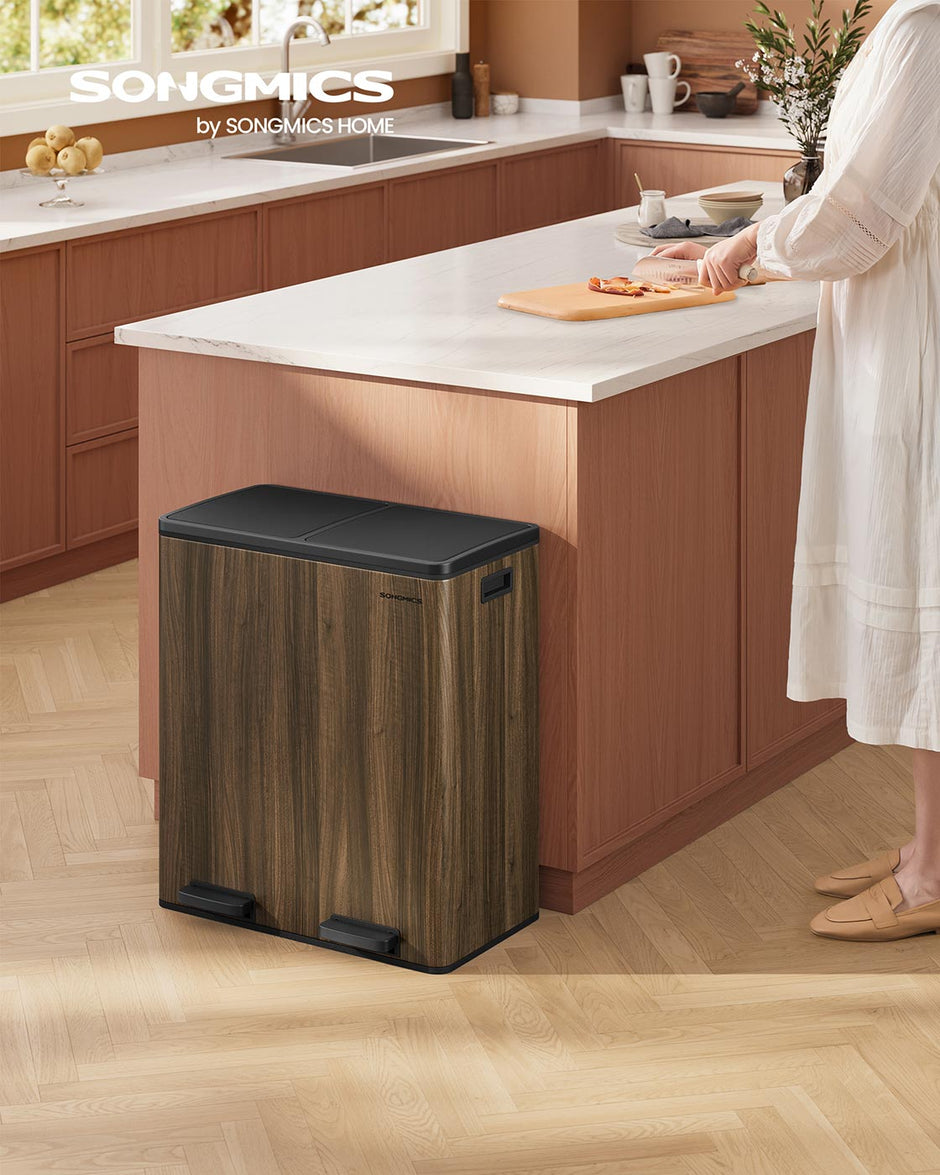 Dual Compartment Rubbish Bin – Stainless Steel & Plastic – Dark Walnut – 60L Capacity with Carry Handles