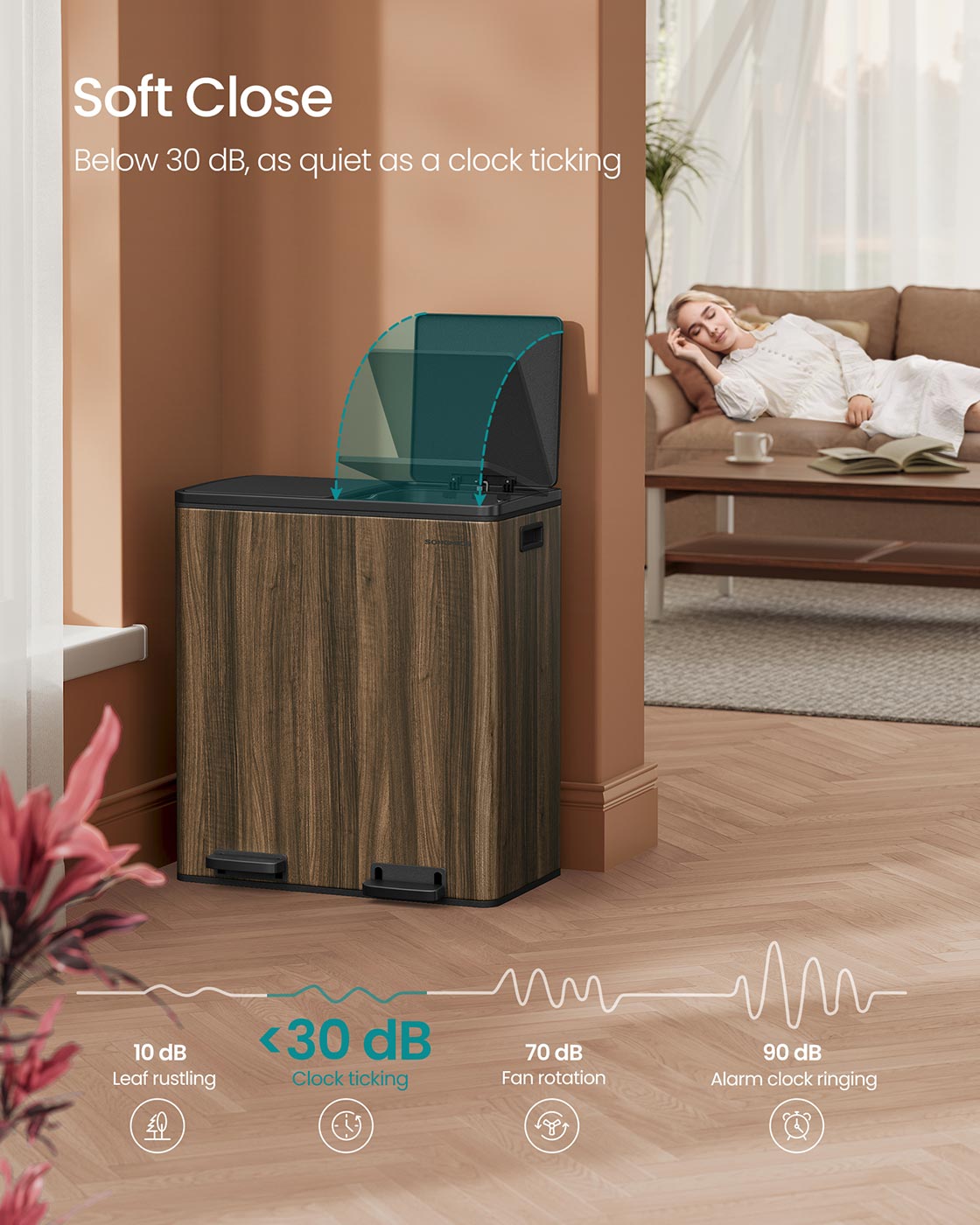 Dual Compartment Rubbish Bin – Stainless Steel & Plastic – Dark Walnut – 60L Capacity with Carry Handles