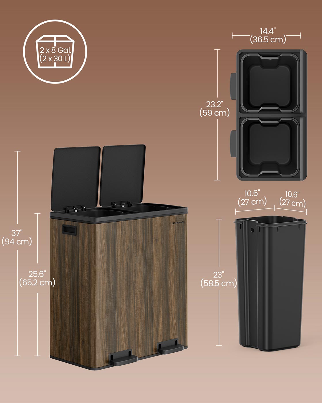 Dual Compartment Rubbish Bin – Stainless Steel & Plastic – Dark Walnut – 60L Capacity with Carry Handles